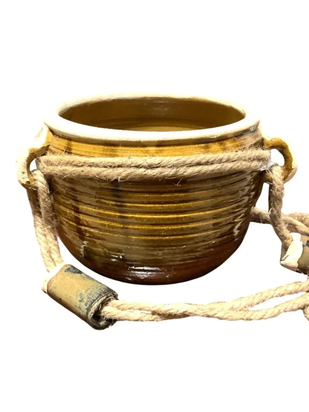 Studio Pottery Ceramic Hanging Planter Rope Accents For Indoor/Outdoor Plants